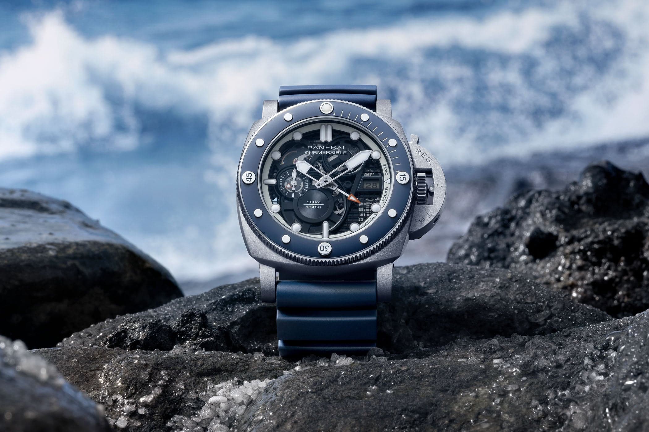 Panerai Submersible GMT PAM01495: Skeletonised Manufacture Calibre in DMLS-Titanium, with a Polarised-Lens Date