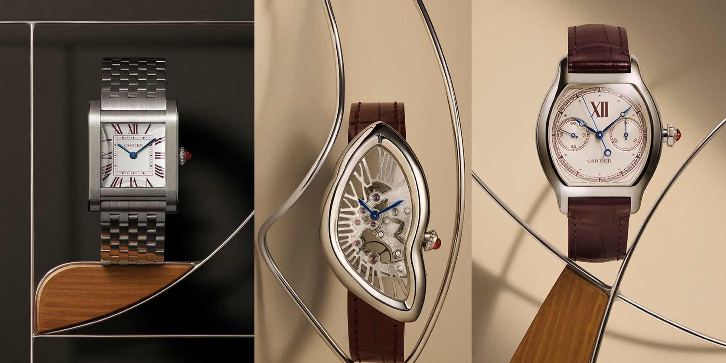 كارتييه بريفيه لي أوبس 10 — ثلاثية من البلاتين: تانك نورمال وتورتو مونوبوسوار كرونوغراف وكراش سكيليتون، جميعها بالبلاتين 950 ولمسات العِنبي احتفاءً بالذكرى العاشرة للمجموعة